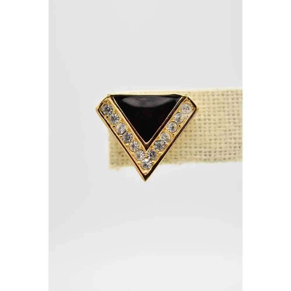 Vintage Triangle Earrings Black Enamel Pave Rhinestone Crystal Stud Gold 80s 9L